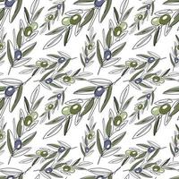 Seamless pattern with branch olives, lemon slices and a glass bottle of premium virgin olive oil. Can be used like pattern for kitchen textile, wrapping paper and cards. Vector illustration.