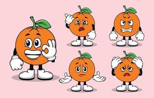 linda mascota de fruta naranja con varios tipos de expresiones colección vector