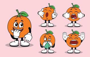 linda mascota de fruta naranja con varios tipos de expresiones colección vector