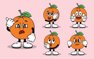linda mascota de fruta naranja con varios tipos de expresiones colección vector