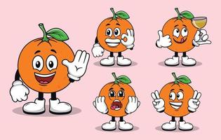 linda mascota de fruta naranja con varios tipos de expresiones colección vector