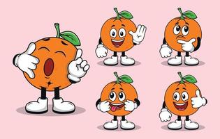 linda mascota de fruta naranja con varios tipos de expresiones colección vector