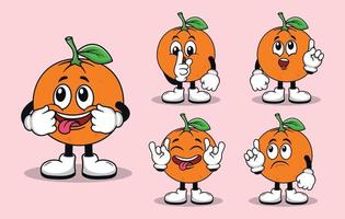 linda mascota de fruta naranja con varios tipos de expresiones colección vector