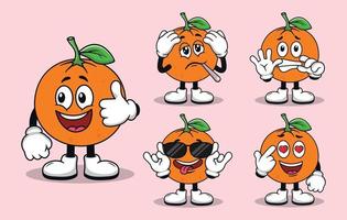 linda mascota de fruta naranja con varios tipos de expresiones colección vector