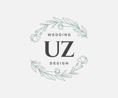 colección de logotipos de monograma de boda con letras iniciales uz, plantillas florales y minimalistas modernas dibujadas a mano para tarjetas de invitación, guardar la fecha, identidad elegante para restaurante, boutique, café en vector