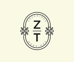 ZT Initials letter Wedding monogram logos template, hand drawn modern minimalistic and floral templates for Invitation cards, Save the Date, elegant identity. vector