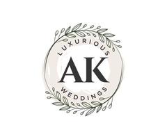 plantilla de logotipos de monograma de boda con letras iniciales ak, plantillas florales y minimalistas modernas dibujadas a mano para tarjetas de invitación, guardar la fecha, identidad elegante. vector