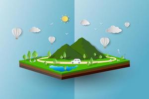 Travel with nature scenery on springtime,spring mountain meadow on isometric background vector