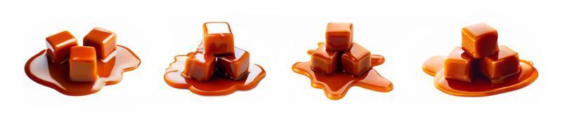 Caramel slice. Close-up of caramel candies with caramel sauce. Isolated on white background. photo