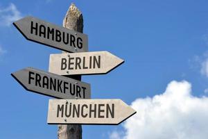 Hamburg, Berlin, Frankfurt, Munich - Wooden Signpost photo