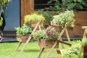 flower decoration with bamboo stick in the beautiful garden in Asia photo