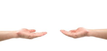 2 Asian hands open the palm of the hand for share and get, give and take, donate and beg or any actions together on white background. Clipping Path. photo