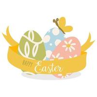 Easter card with Easter eggs and a ribbon with text. Spring, butterfly. Holiday covers, posters, banners, greeting cards. Cartoon flat vector illustration isolated on white background