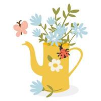 A bouquet of flowers in a yellow teapot. Cute spring flat hand-drawn vector illustration in cartoon style, isolated on a white background. Use for printing on a T-shirt, a postcard for any holiday