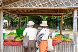 el comprador tailandés asiático elige vegetales orgánicos con el vendedor antes de comprarlos. este es un mercado fresco creativo en la provincia de chiang mai, tailandia. foto