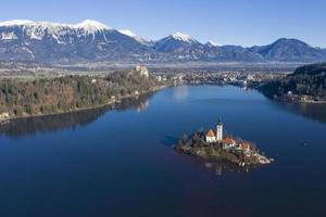 bled lake aerial view panorama in winter photo