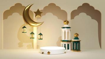 3d render Ramadan Kareem celebration background for advertising banner. Jewelry stand with islamic golden crescent and star with arc. Arabic decoration and mosque near product display pedestal photo