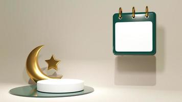 Escena de presentación 3d con luna dorada turca con estrella. maqueta islámica con fondo beige para colocar joyas en el podio. almohadilla de venta con anillos foto