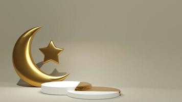 Golden crescent with star near two white podiums on beige background. 3d render scene with turkish layout. Muslim sale banner template. Jewelry stand reveal cloth photo