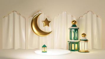 3d Ramadan Kareem card template with jewelry stage. Moslem banner decorated with podium, golden crescent and mosque photo