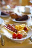 Healthy breakfast on the table closeup in restaraunt resort photo