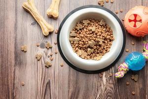 A bowl with dog food, dog treats and toys on a wooden floor. photo