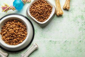 A bowl with dog food, dog treats and toys on a wooden floor. photo