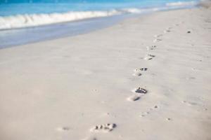 Human footprints on white sand beach photo