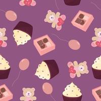 Valentines day seamless pattern. Vector illustration with teddy bear, cupcake, balloons and chocolate.