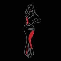 Sexy girl wearing long, evening dress. One line drawing style. Woman in elegant dress standing pose. Fashion hand drawn vector illustration.