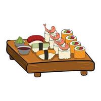 un juego de sushi en el tablero. ilustración vectorial sobre un fondo blanco. vector