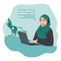 Arab woman with headphones and microphone with laptop. vector