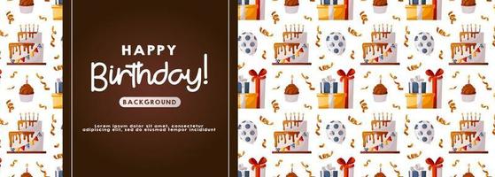 Birthday white promo banner with cake, cupcake, gifts, bengal sparkler fire, confetti. Birthday party, celebration, holiday, event, festive concept. Banner, flyer, advertising. Discount. vector