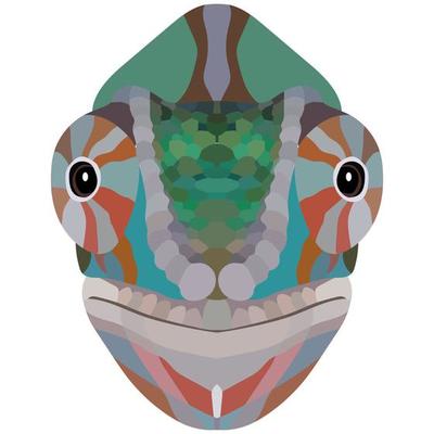 Chameleon head. The portrait of a multicolored lizard is depicted on a white background. Vector graphics.