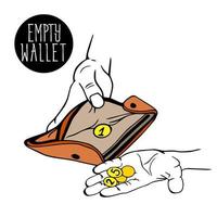 empty wallet icon. purse, wallet with few coins, change, pennies in men's hands. global problem of poverty, financial problems and concept of business bankruptcy. unemployed. No budget. vector