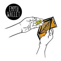 empty wallet icon. wallet with two coins in men's hands. The global problem of poverty, financial problems and concept of business bankruptcy. Financial downturn, unemployed. No budget. vector