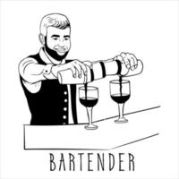 el hombre vierte bebida de la coctelera en vasos, mientras prepara cócteles y bebidas alcohólicas en el bar o pub. personal de servicio, barman profesional, barista. día del barman. estilo garabato.