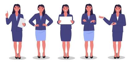 A young woman in a business suit with a tablet in different poses teaches, brings information, thinks. Vector flat graphics.