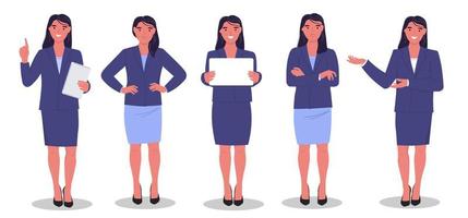 una mujer joven con traje de negocios con una tableta en diferentes poses enseña, trae información, piensa. gráficos vectoriales planos. vector