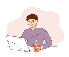 A man is sitting at a laptop. The guy works, studies, communicates virtually. Vector graphics.