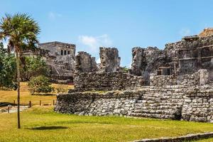 antiguos templos mayas en ruinas con palmeras y cielo azul, sitio arqueológico de tulum, península de yucatán, méxico foto