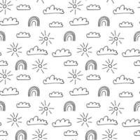 Doodle seamless pattern with cloud, rainbow and sun. Cute kids pattern with hand drawn clouds, sun, rainbows vector