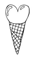 Waffle cone ice cream. Ice cream with heart. Doodle vector dessert sketch.