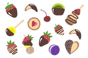 conjunto de frutas vectoriales en chocolate negro y galletas. gran conjunto de dulces dulces. fresa vectorial de dibujos animados en chocolate, plátano en chocolate, kiwi, galleta con fresas. galleta de corazón, macarrones, canapés vector