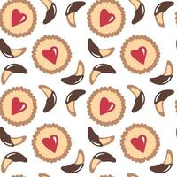 Vector candy and cookie sweet pattern. Cartoon vector seamless pattern with home bakery elements. Heart cookie, chocolate candy. Design for wrapping paper, Valentine's Day decor.