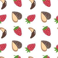 Strawberry and cookie. Doodle strawberry in chocolate and heart cookie background. Vector seamless pattern.