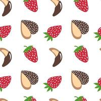 Strawberry and cookie. Doodle strawberry in chocolate and heart cookie background. Vector seamless pattern.