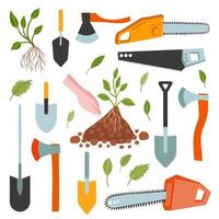 Vector gardening tools set. Flat horticultural spring set. Shovel, axe, plant, chainsaw.