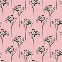 Hand drawn daylily flower seamless pattern. Vector lily pattern on pastel pink background. Black lily flower sketch print.