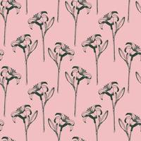 Hand drawn daylily flower seamless pattern. Vector lily pattern on pastel pink background. Black lily flower sketch print.